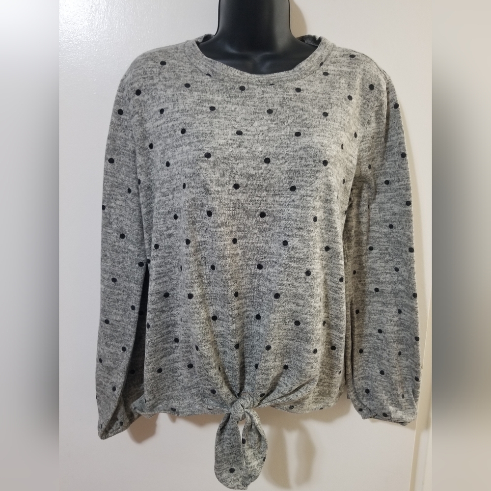 Faith & Joy Polka Dots Grey Tie Front Long Sleeve Soft Knit Top Lrg